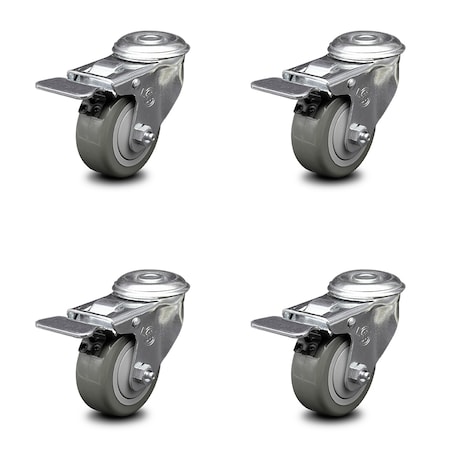 Service Caster 3.5 Inch Gray Polyurethane Swivel Bolt Hole Caster Set with Total Lock Brake SCC-BHTTL20S3514-PPUB-4